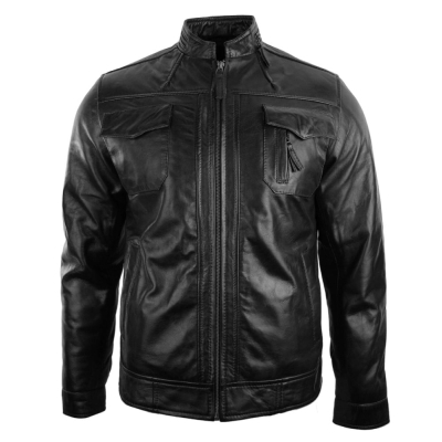 Real Leather Jacket Biker Style Vintage Black Zipped Design Casual Fitted for Men