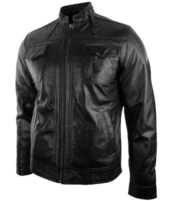 Real Leather Jacket Biker Style Vintage Black Zipped Design Casual Fitted for Men