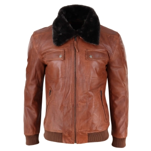 Mens Washed Rust Tan Brown Removable Fur Collar Pilot Leather Jacket Slim Fit