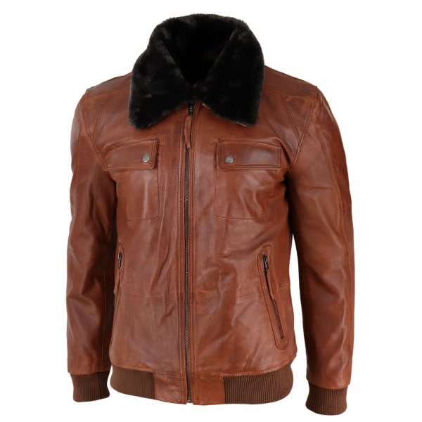 Mens Washed Rust Tan Brown Removable Fur Collar Pilot Leather Jacket Slim Fit