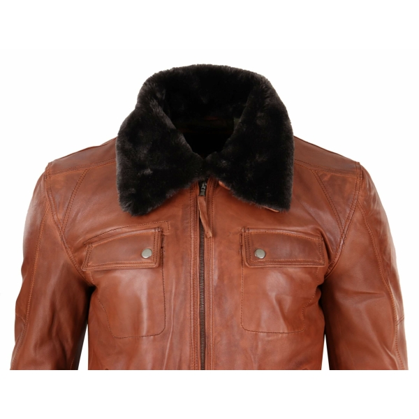 Mens Washed Rust Tan Brown Removable Fur Collar Pilot Leather Jacket Slim Fit