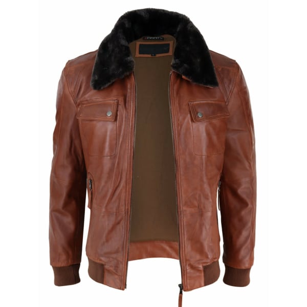 Mens Washed Rust Tan Brown Removable Fur Collar Pilot Leather Jacket Slim Fit