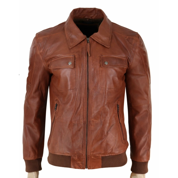 Mens Washed Rust Tan Brown Removable Fur Collar Pilot Leather Jacket Slim Fit