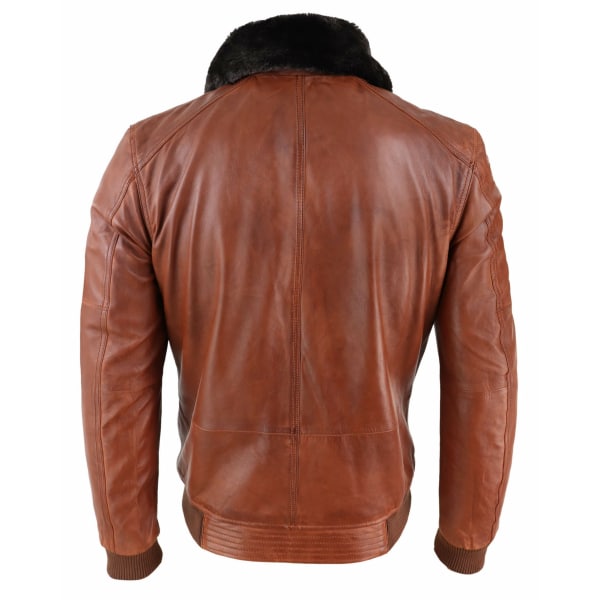 Mens Washed Rust Tan Brown Removable Fur Collar Pilot Leather Jacket Slim Fit