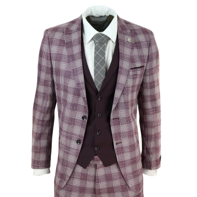 Mens 3 Piece Plum/Purple Check 3 Piece Suit