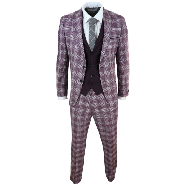 Mens 3 Piece Plum/Purple Check 3 Piece Suit