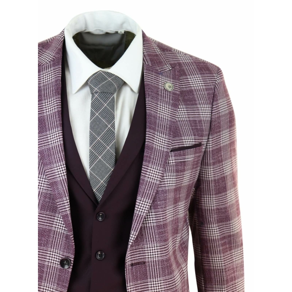 Mens 3 Piece Plum/Purple Check 3 Piece Suit