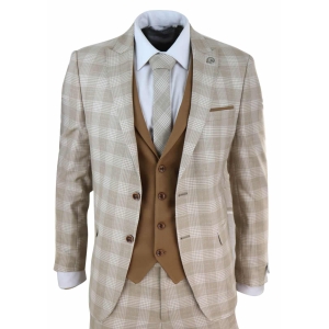 Mens Cream-Tan Check 3 Piece Suit