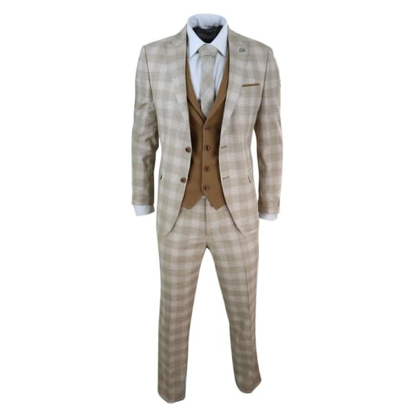 Mens Cream-Tan Check 3 Piece Suit