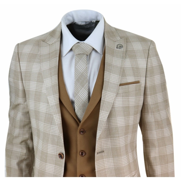 Mens Cream-Tan Check 3 Piece Suit