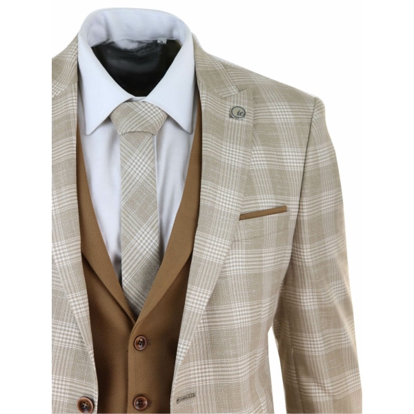 Mens Cream-Tan Check 3 Piece Suit