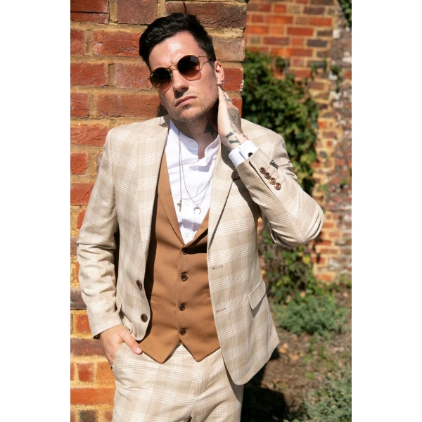 Mens Cream-Tan Check 3 Piece Suit