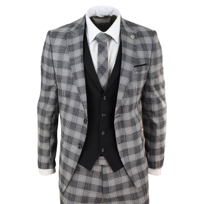 Mens Grey - Black Check 3 Piece Suit