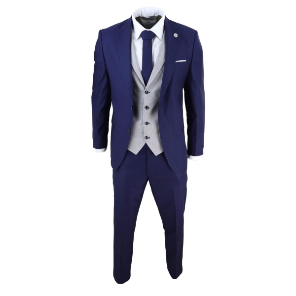 Mens Blue 3 Piece Suit with Contrasting Grey Waistcoat