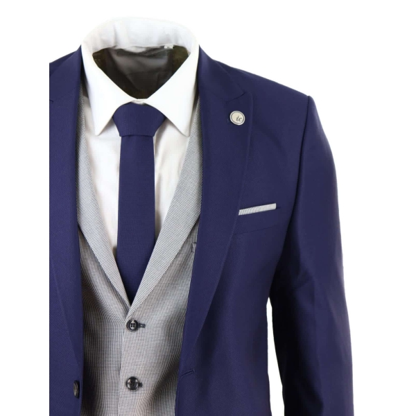 Mens Blue 3 Piece Suit with Contrasting Grey Waistcoat