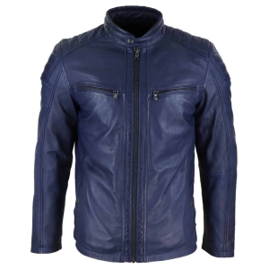 Real Leather Tailored Fit Mens Biker Jacket – Navy Blue