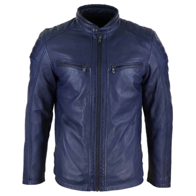 Real Leather Tailored Fit Mens Biker Jacket - Navy Blue