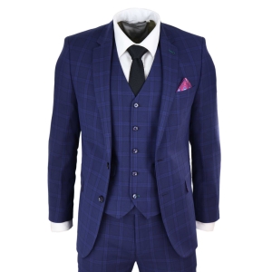 Mens Navy Check 3 Piece Wedding Suit