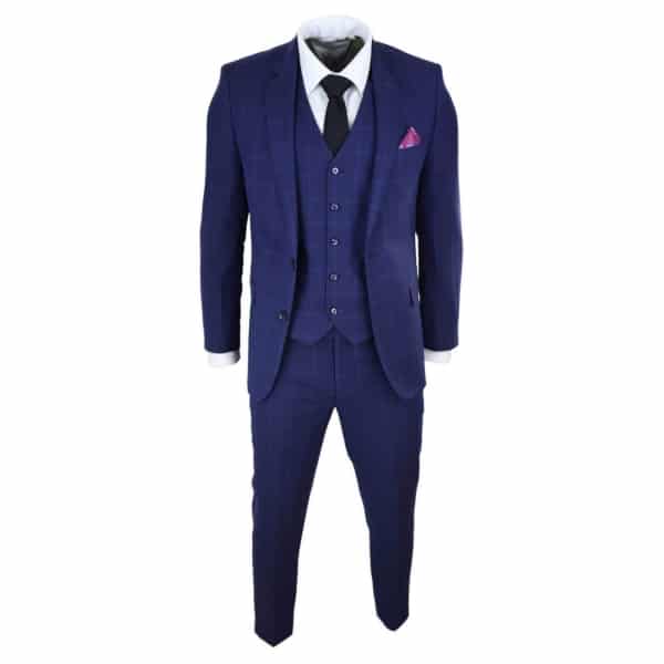 Mens Navy Check 3 Piece Wedding Suit