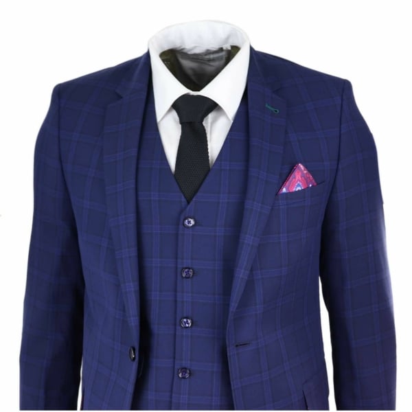 Mens Navy Check 3 Piece Wedding Suit