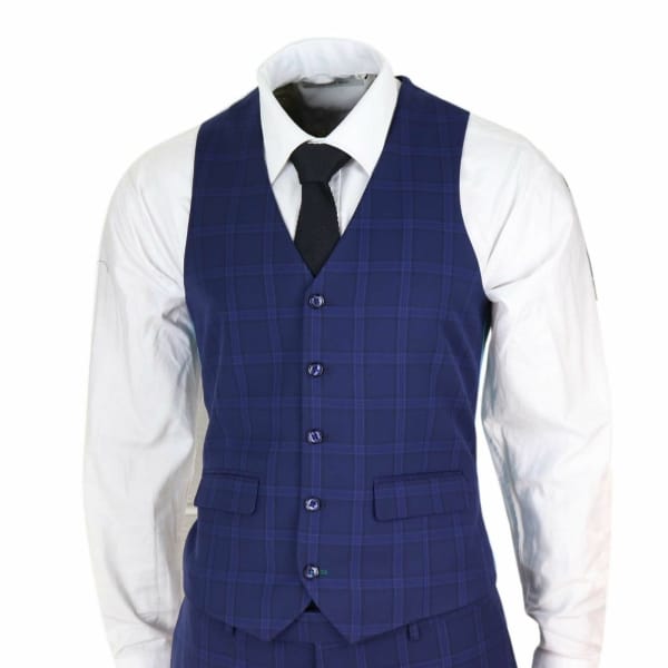 Mens Navy Check 3 Piece Wedding Suit