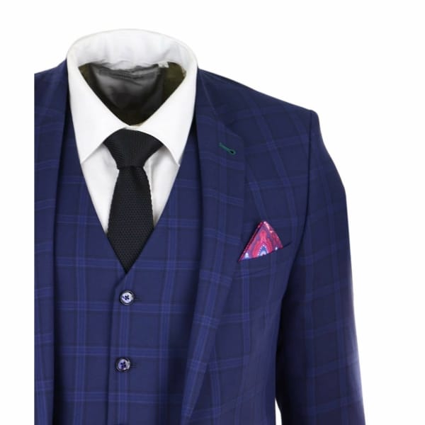 Mens Navy Check 3 Piece Wedding Suit