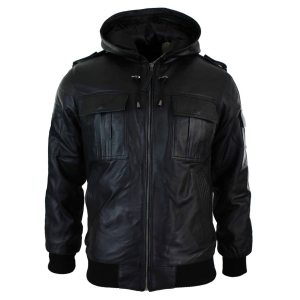 Infinity 661 Mens Real Napa LeatherJacket Hooded Black Slim Fit Bomber