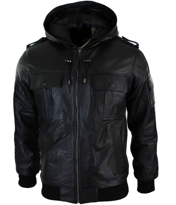 Infinity 661 Mens Real Napa LeatherJacket Hooded Black Slim Fit Bomber