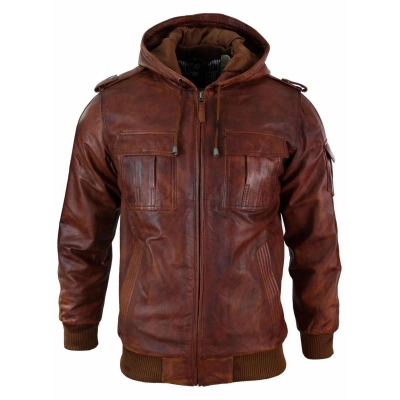 Mens Real Leather Hood Bomber Jacket Tan Timber Brown Washed Vintage Quilted