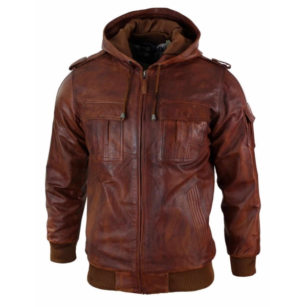 Mens Real Leather Hood Bomber Jacket Tan Timber Brown Washed Vintage Quilted