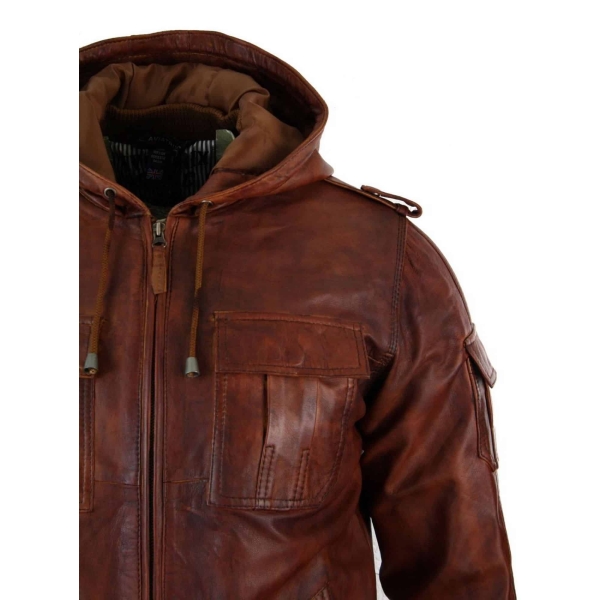 Mens Real Leather Hood Bomber Jacket Tan Timber Brown Washed Vintage Quilted