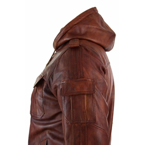 Mens Real Leather Hood Bomber Jacket Tan Timber Brown Washed Vintage Quilted