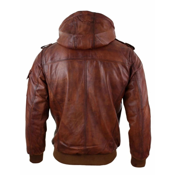 Mens Real Leather Hood Bomber Jacket Tan Timber Brown Washed Vintage Quilted