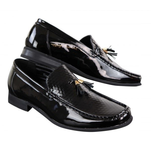 Mens Black Patent Slip-on Tassle Shoes