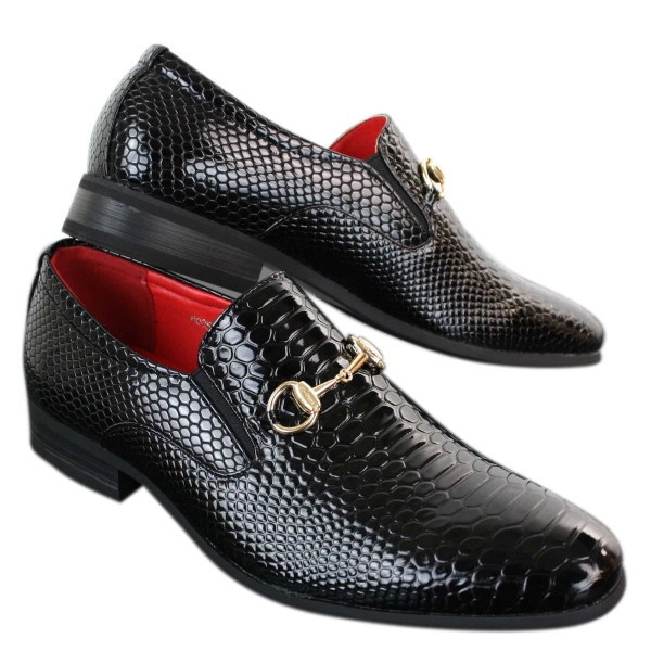 Patron 80058 Mens Black Patent Shiny Slip On PU Snake Crocodile Leather Shoes Gold Buckle