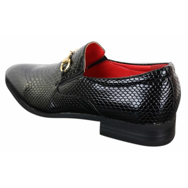 Patron 80058 Mens Black Patent Shiny Slip On PU Snake Crocodile Leather Shoes Gold Buckle