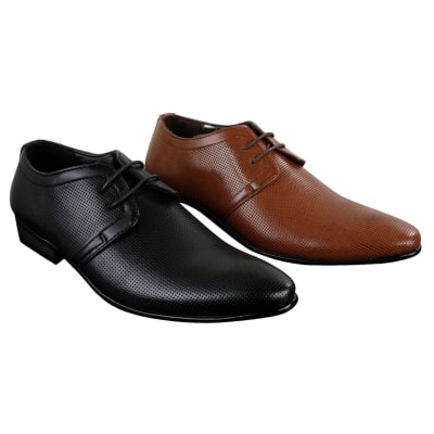 Mens Black Tan Brown Perforated PU Leather Laced Smart Casual Shoes