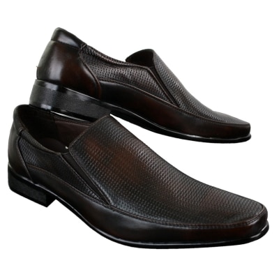 Mens Brown Black Formal Smart Slip On Shoes Textured PU Leather Italian Design