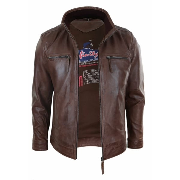 Real Leather Mens High Collar Jacket - Brown