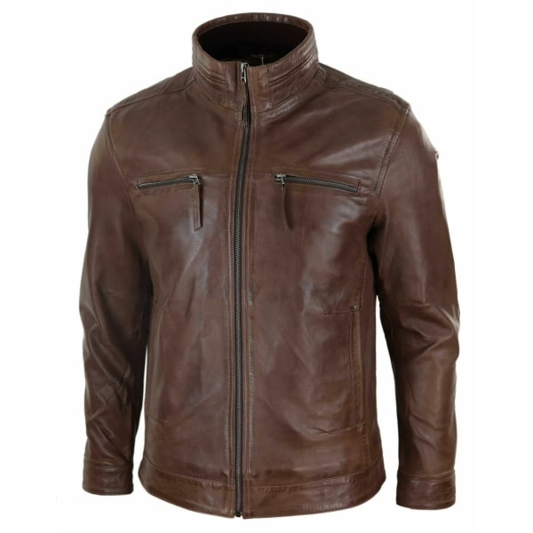 Real Leather Mens High Collar Jacket - Brown