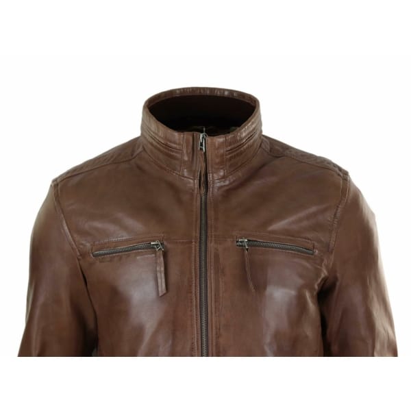 Real Leather Mens High Collar Jacket - Brown