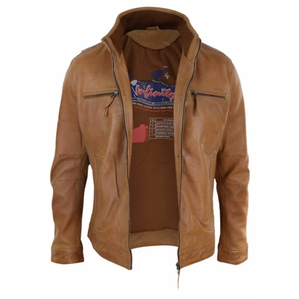 Real Leather Mens High Collar Jacket - Tan