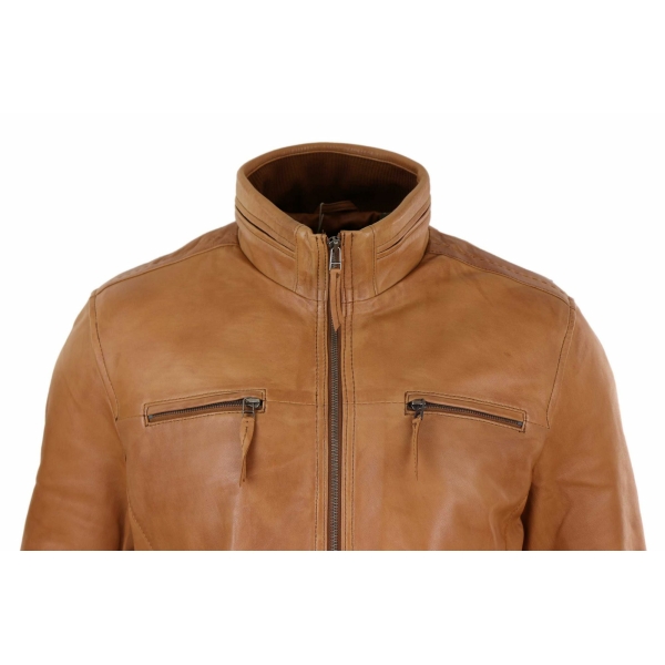 Real Leather Mens High Collar Jacket - Tan