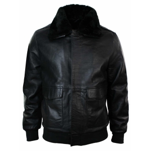 Mens Real Fur Collar Leather Bomber Pilot Flying Jacket Black Brown-Black