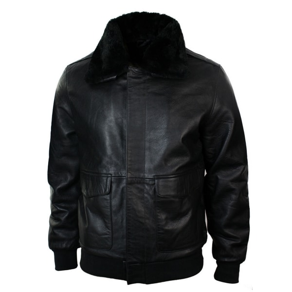 Mens Real Fur Collar Leather Bomber Pilot Flying Jacket Black Brown-Black