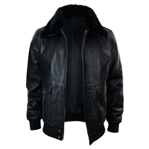 Mens Real Fur Collar Leather Bomber Pilot Flying Jacket Black Brown-Black