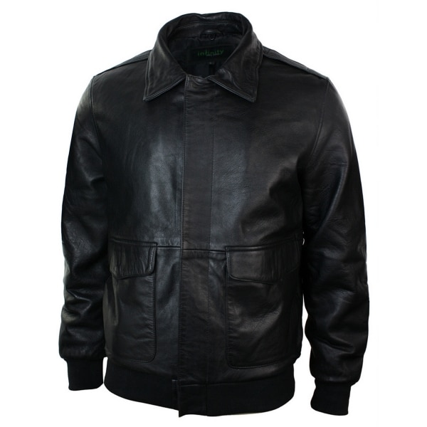 Mens Real Fur Collar Leather Bomber Pilot Flying Jacket Black Brown-Black