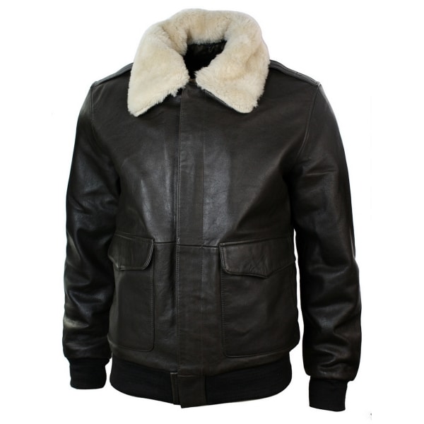 Mens Real Fur Collar Leather Bomber Pilot Flying Jacket Black Brown-Brown