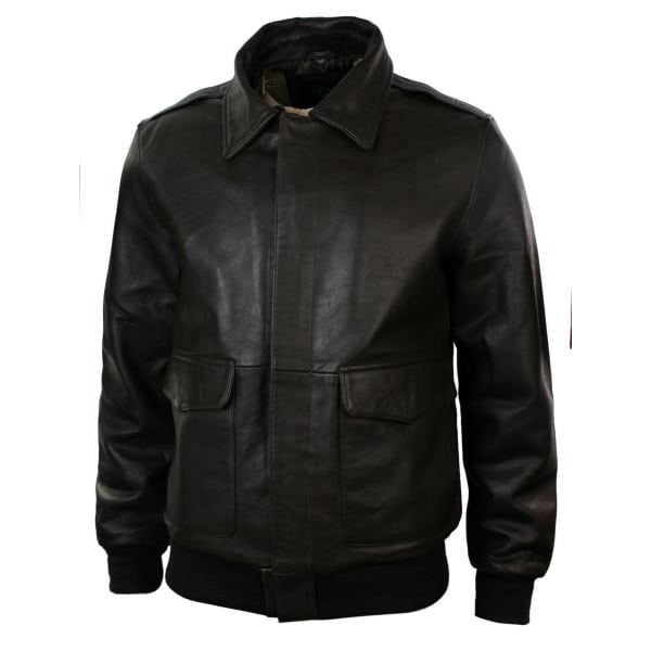 Mens Real Fur Collar Leather Bomber Pilot Flying Jacket Black Brown-Brown