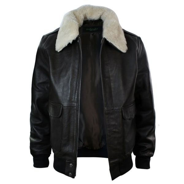 Mens Real Fur Collar Leather Bomber Pilot Flying Jacket Black Brown-Brown